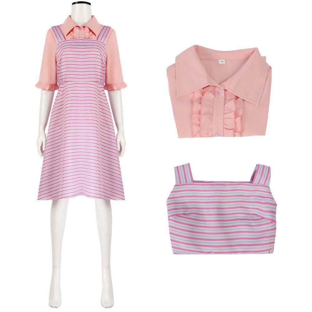 Wicked Glinda Pink Women Stripe Dress Outfit Carnival Cosplay Costume - Azufun