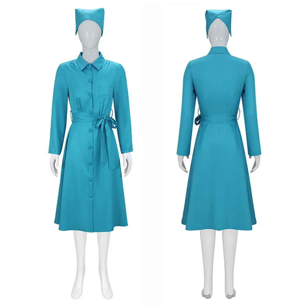Ratched Cosplay Costume Blue Nurse Dress with Belt and Hat for Halloween - Azufun