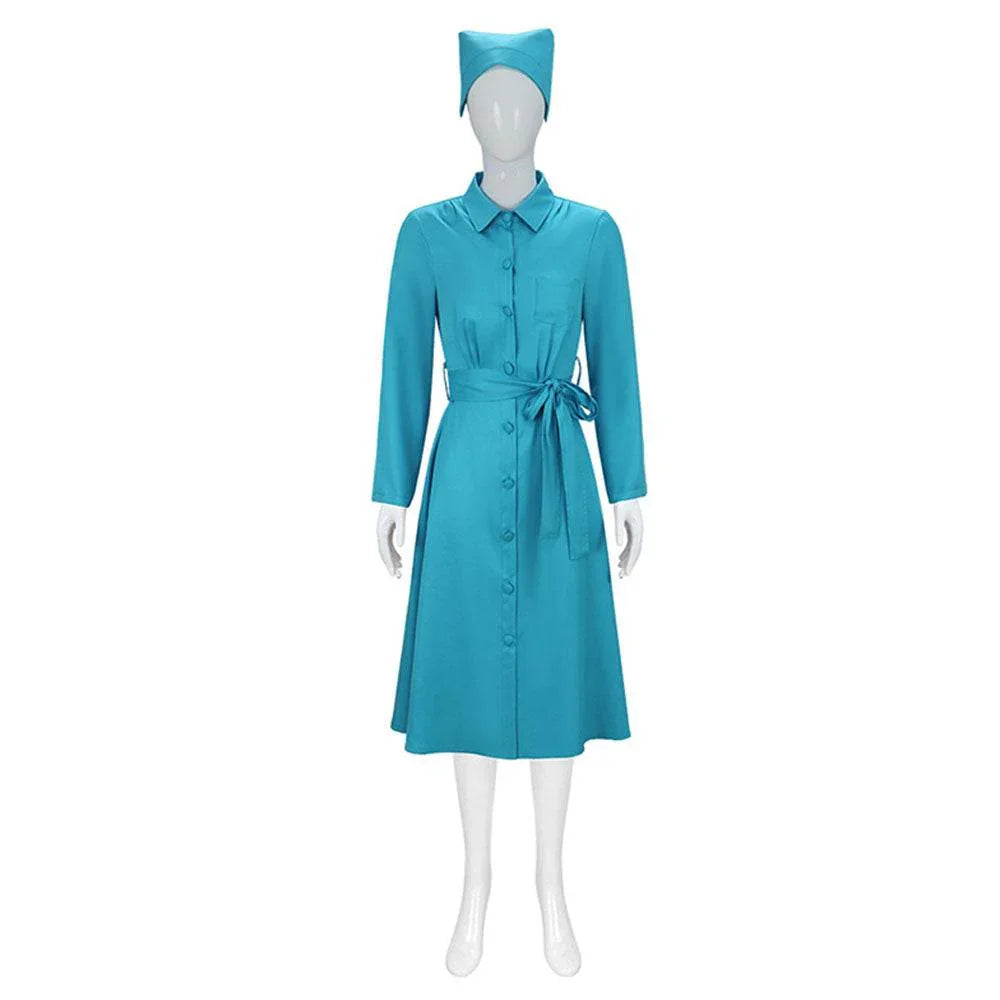 Ratched Cosplay Costume Blue Nurse Dress with Belt and Hat for Halloween - Azufun