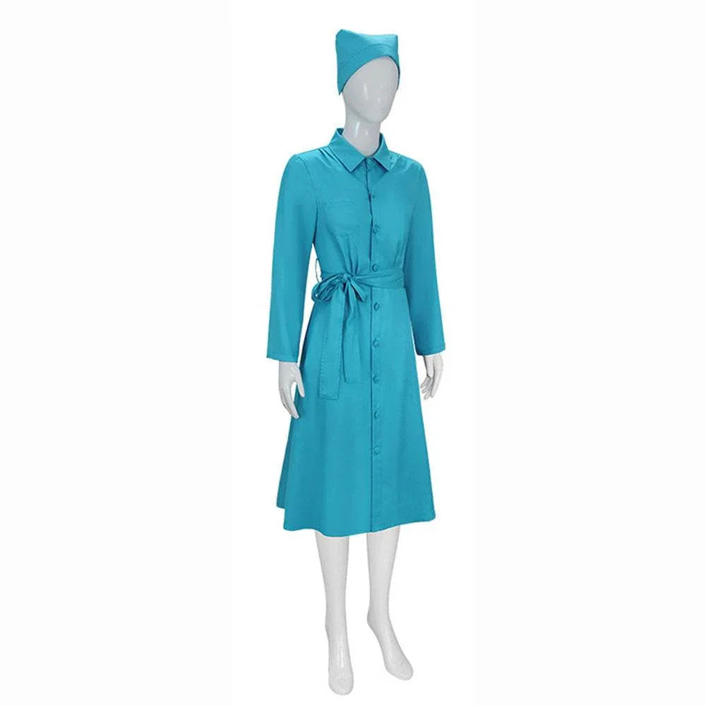 Ratched Cosplay Costume Blue Nurse Dress with Belt and Hat for Halloween - Azufun