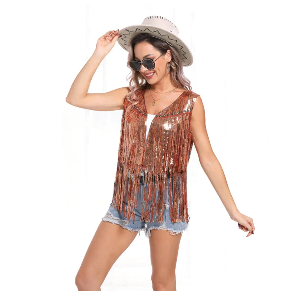Sleeveless Vest Sequined Vest Western Cowboy Style Cardigan Denim Vest Women - Azufun