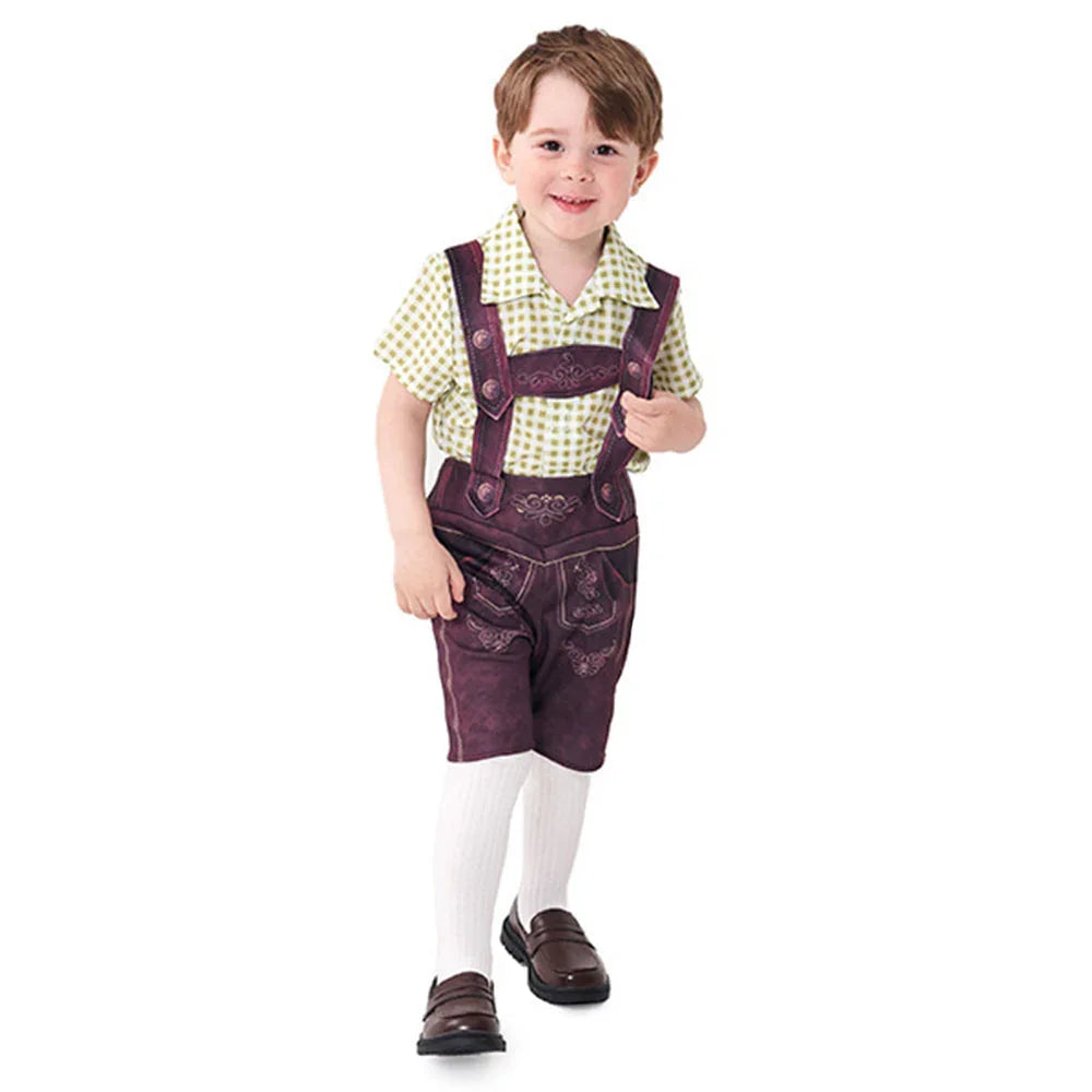 Boy Oktoberfest Costume Set Overalls with plaid shirt socks Halloween - Azufun