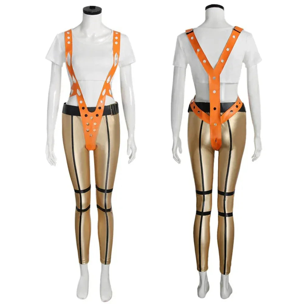 The Fifth Element Leeloo Cosplay Costume Skinny Bodysuit Pants Short T-Shirt - Azufun