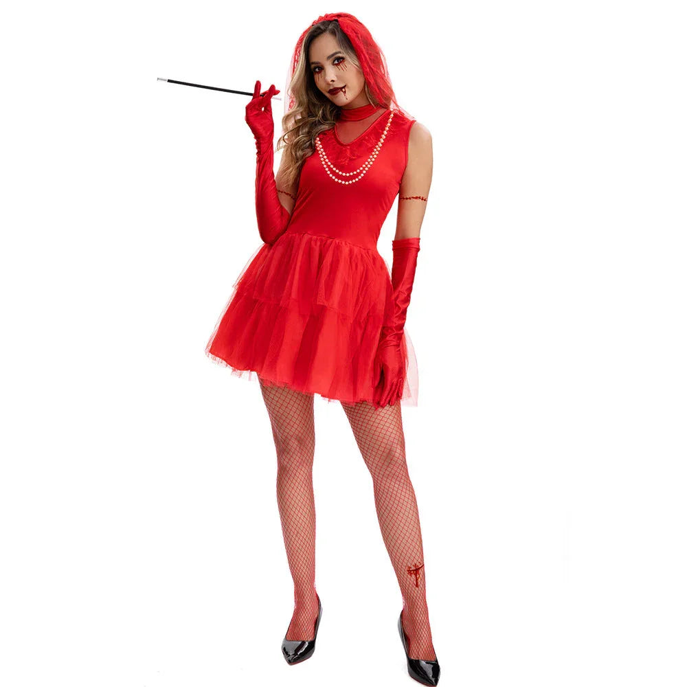 Red Ghost Corpse Bride Costume Red Wedding Dress Halloween - Azufun