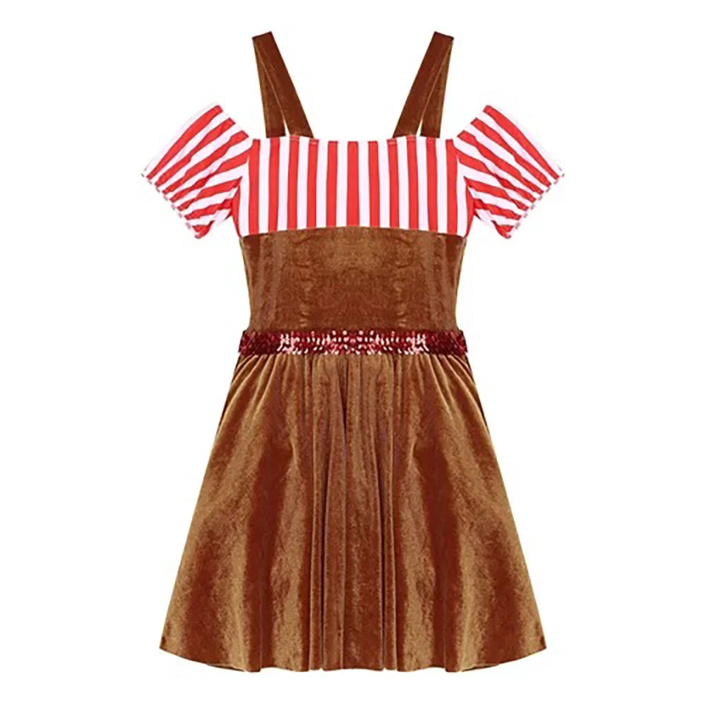 Women Gingerbread Costume Stripes Print Christmas Dance Dress