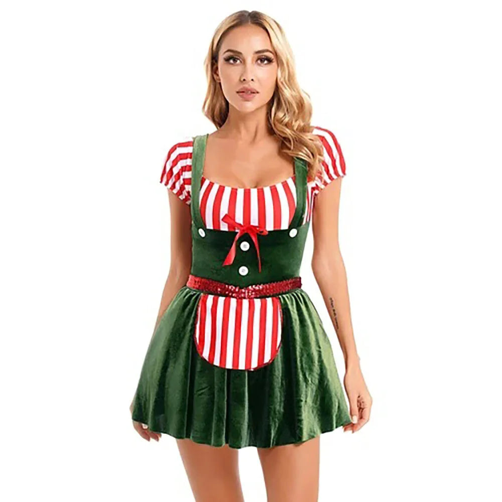 Women Gingerbread Costume Stripes Print Christmas Dance Dress