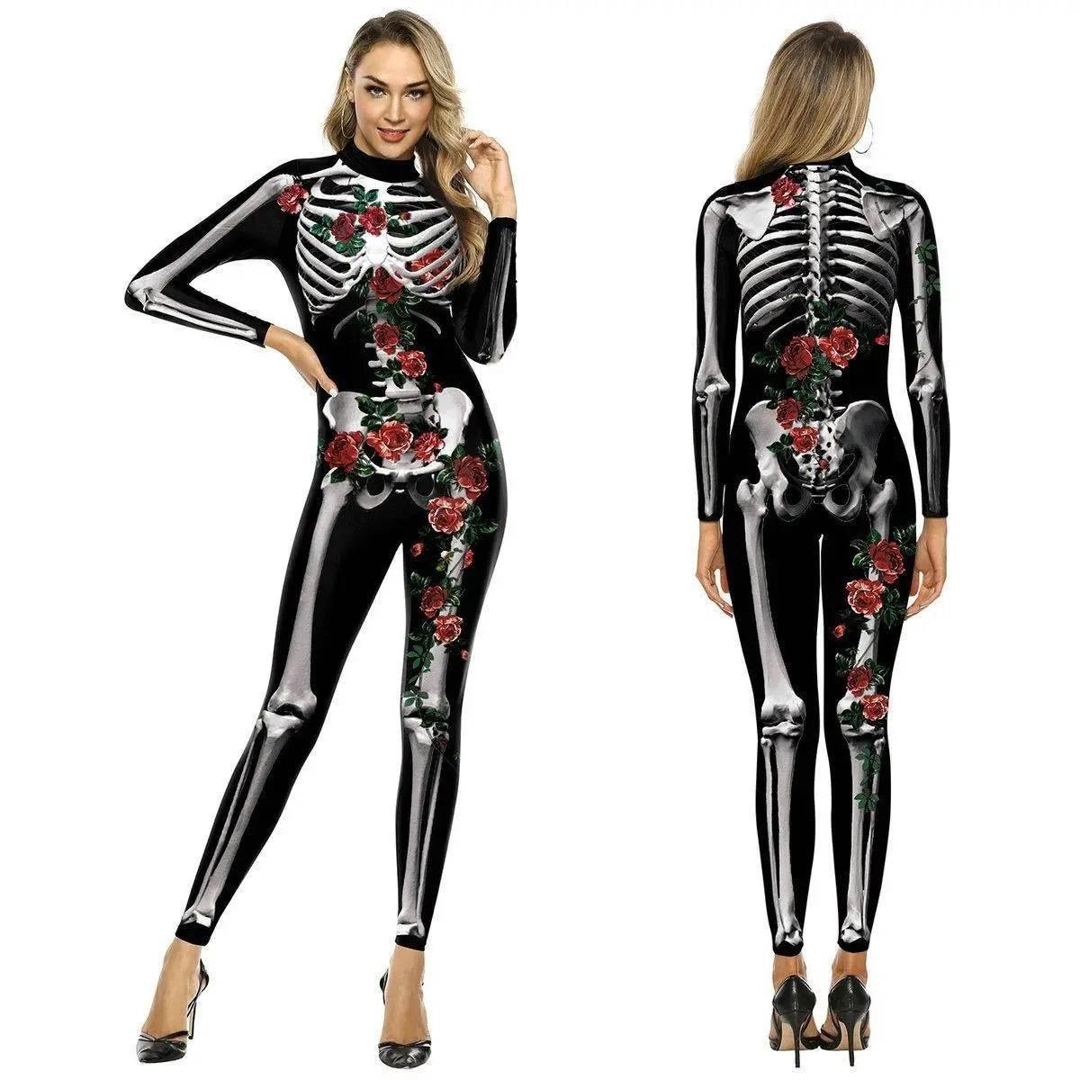 Adult Skeleton Print Zentai Jumpsuit Halloween Cosplay Costume - Azufun