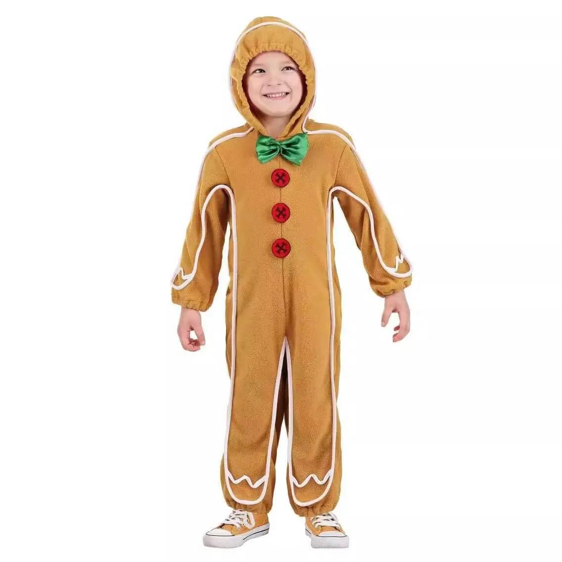 Children's Christmas Gingerbread Man Cosplay Costume One-Piece Pajamas - Azufun