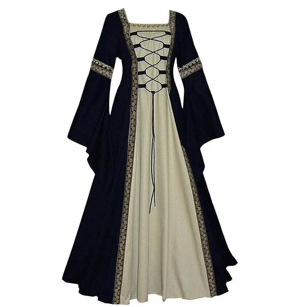 Gothic retro women's Medieval Court Costume Robe large size trumpet sleeve long dress - Azufun