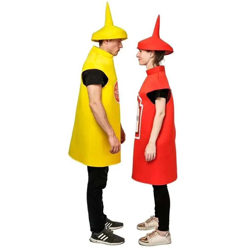Halloween Adult Couples Mustard Ketchup jumpsuit Costume Cosplay Party - Azufun