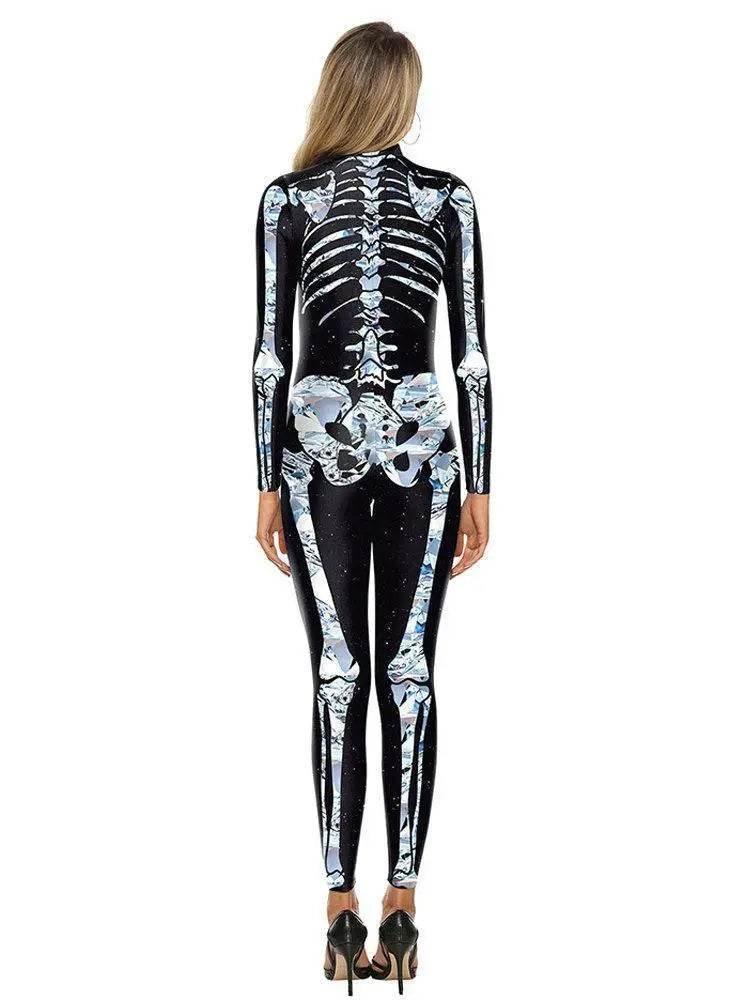 Halloween White Skeleton Elastic Bodycon Jumpsuit Cosplay Costume - Azufun