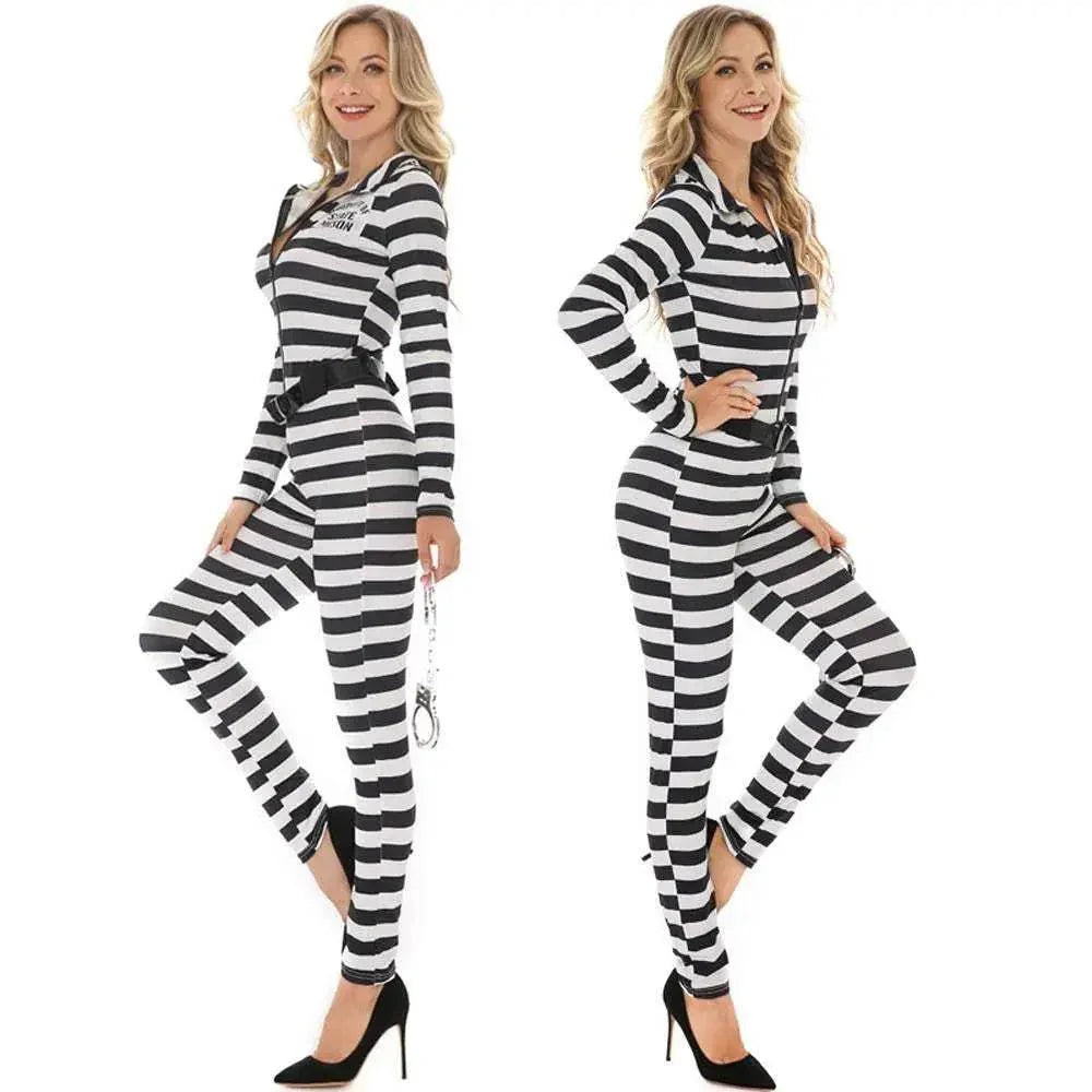 Halloween woman black and white striped prisoner costume - Azufun