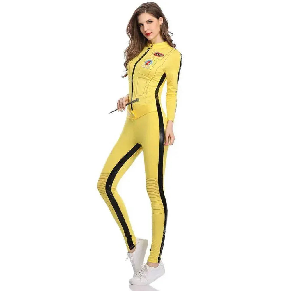 Kill Bill Cosplay Costume Yellow Bodycon Jumpsuit Motorcycle Night Club Racer Zentai Suits for Women - Azufun