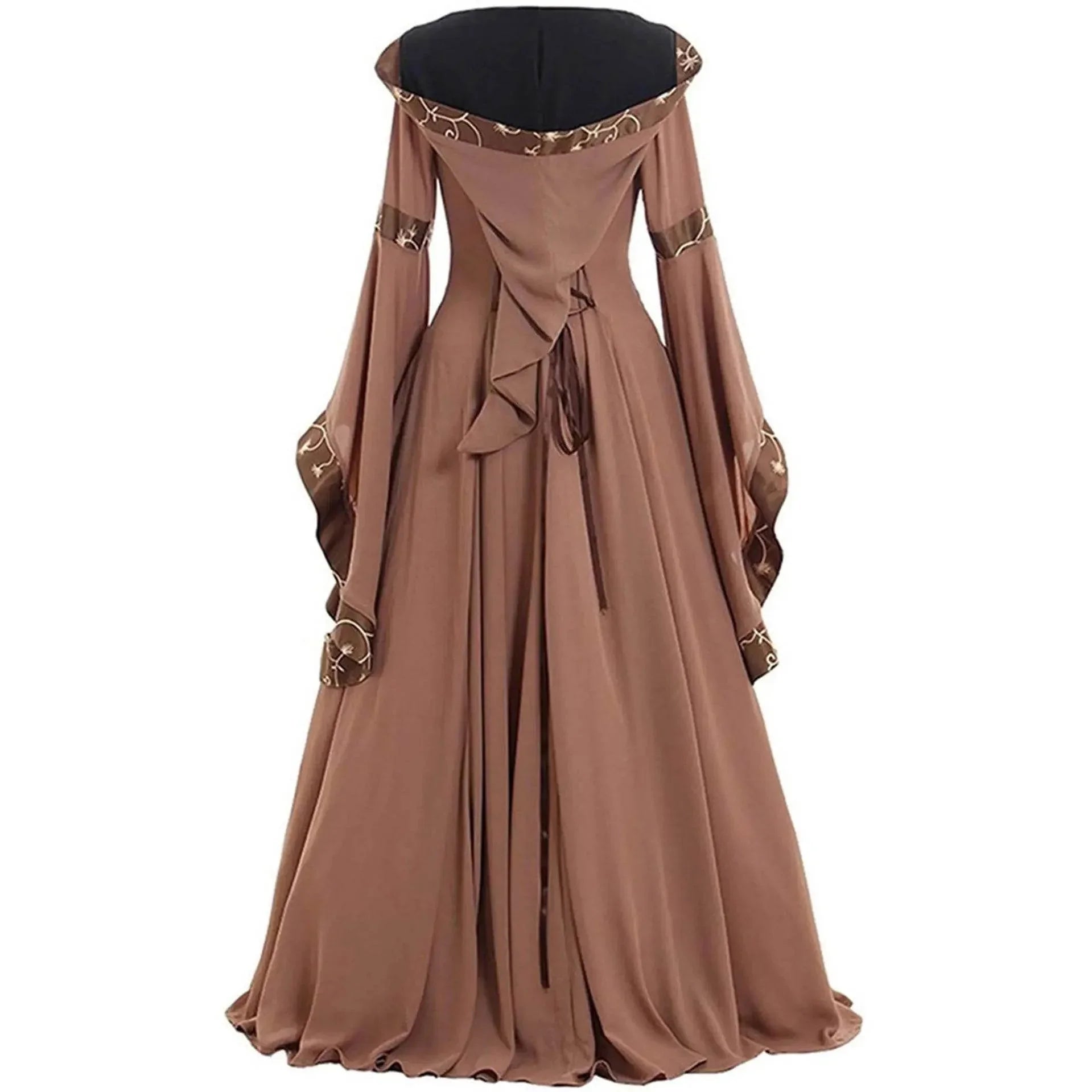 Medieval Retro Hooded Dress Costume Square Neck Tie Trumpet Sleeves Big Swing Skirt - Azufun