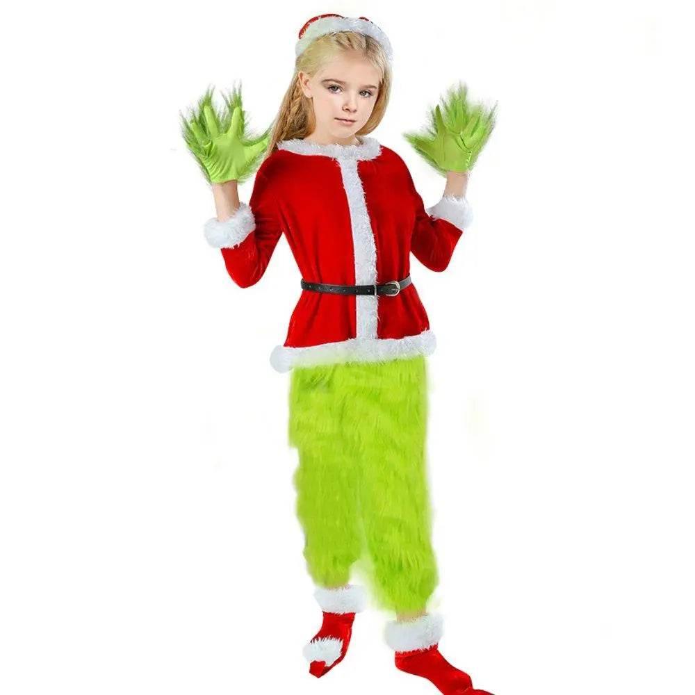 Santa Claus Tops Green Hairy The Grinch Set Christmas Costume Children - Azufun