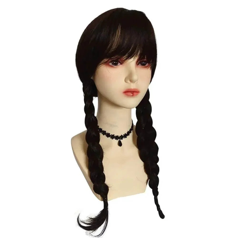 Wednesday Wig The Addams Family Cosplay Black Double Ponytail Braid Wig For Adult - Azufun