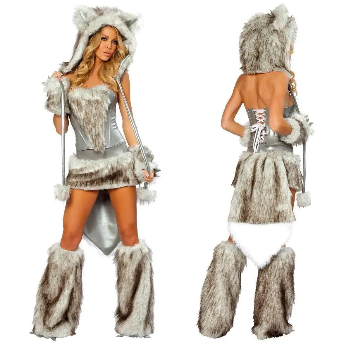 Catwoman Faux Fur Furry Animal Halloween Costume Cosplay Fancy Dress Women - Azufun
