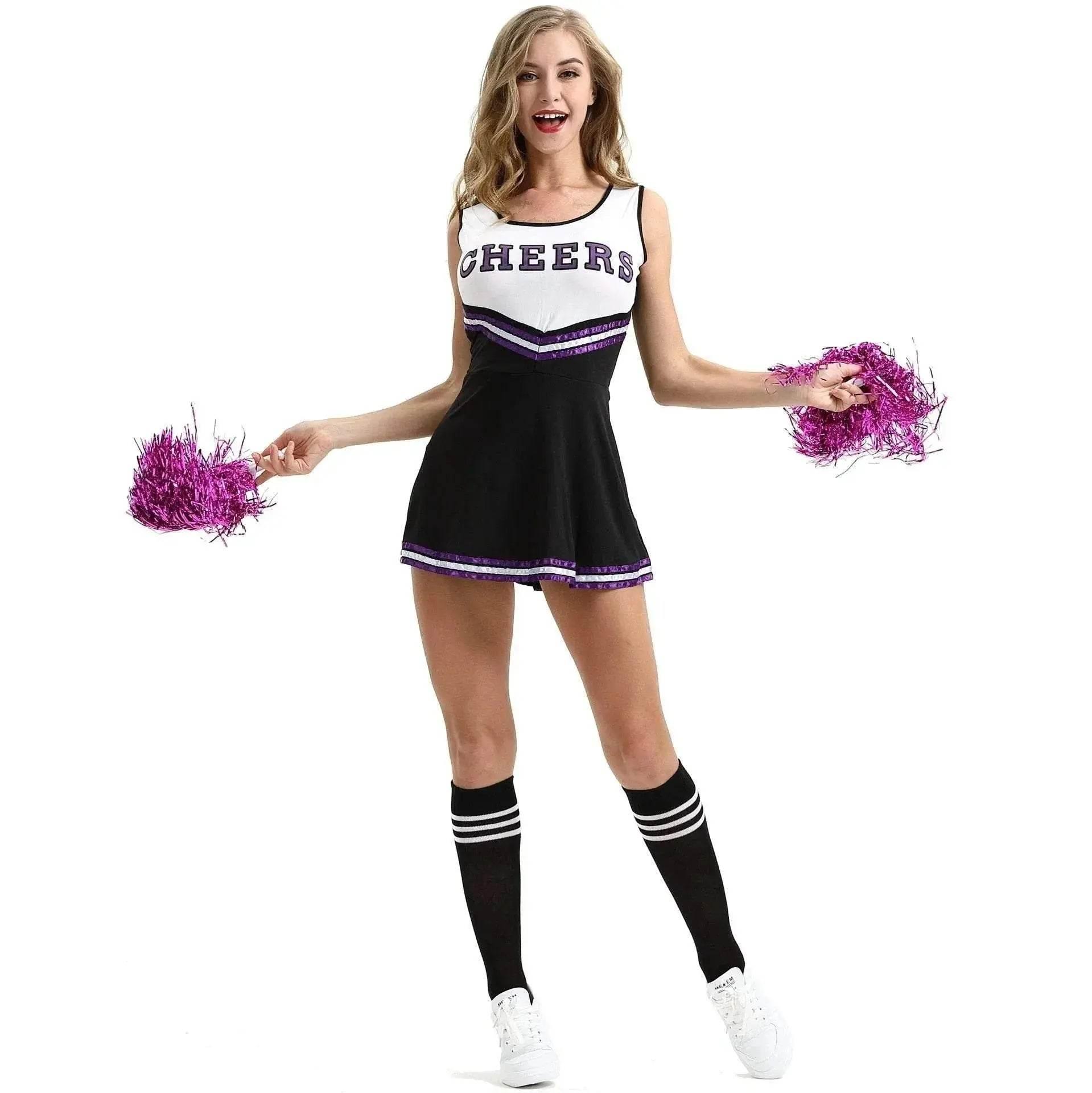 Women Cheerleader Costume Outfit With Poms Fancy Uniform Sports Dress - Azufun