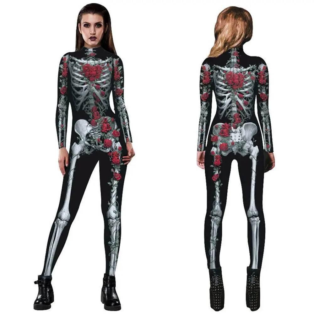 Women Printed Rose Skull Skeleton Catsuit Halloween Costume - Azufun