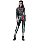 Women Printed Rose Skull Skeleton Catsuit Halloween Costume - Azufun