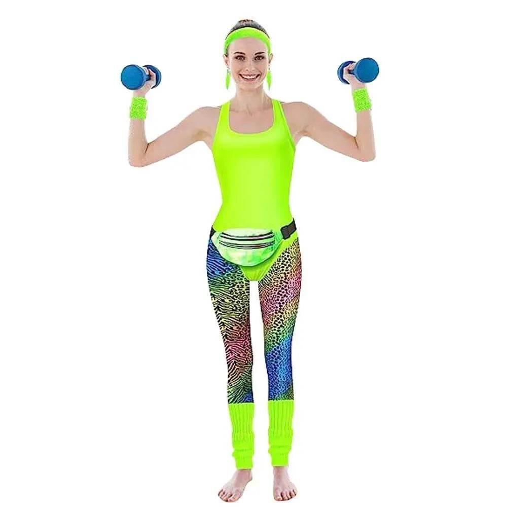 Women Robbie 80s Workout Costume Fancy Dress Halloween Fanny Pack Wristband Earrings - Azufun