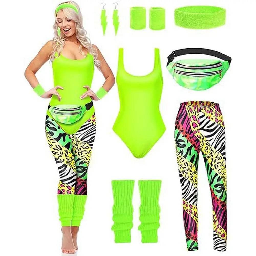 Women Robbie 80s Workout Costume Fancy Dress Halloween Fanny Pack Wristband Earrings - Azufun