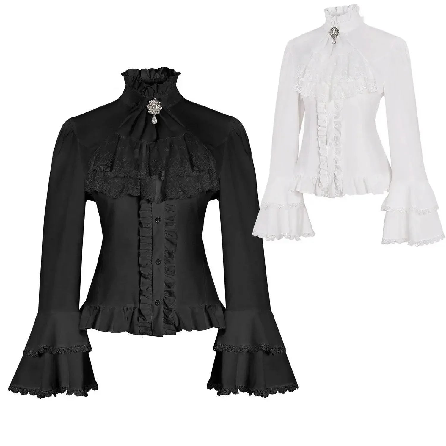 Women's Lolita Palace Retro Blouse Long Bell Sleeve Ruffled Shirt - Azufun