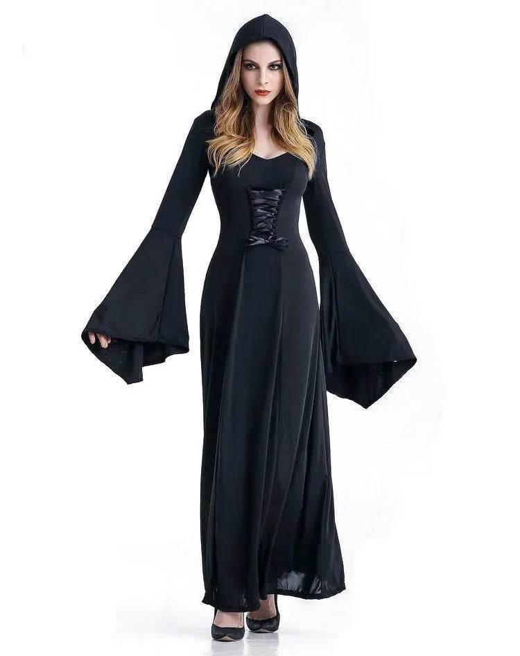 Women's Medieval Vintage Demon Hooded Witch Dress Cosplay Costume Halloween Renaissance Gothic - Azufun
