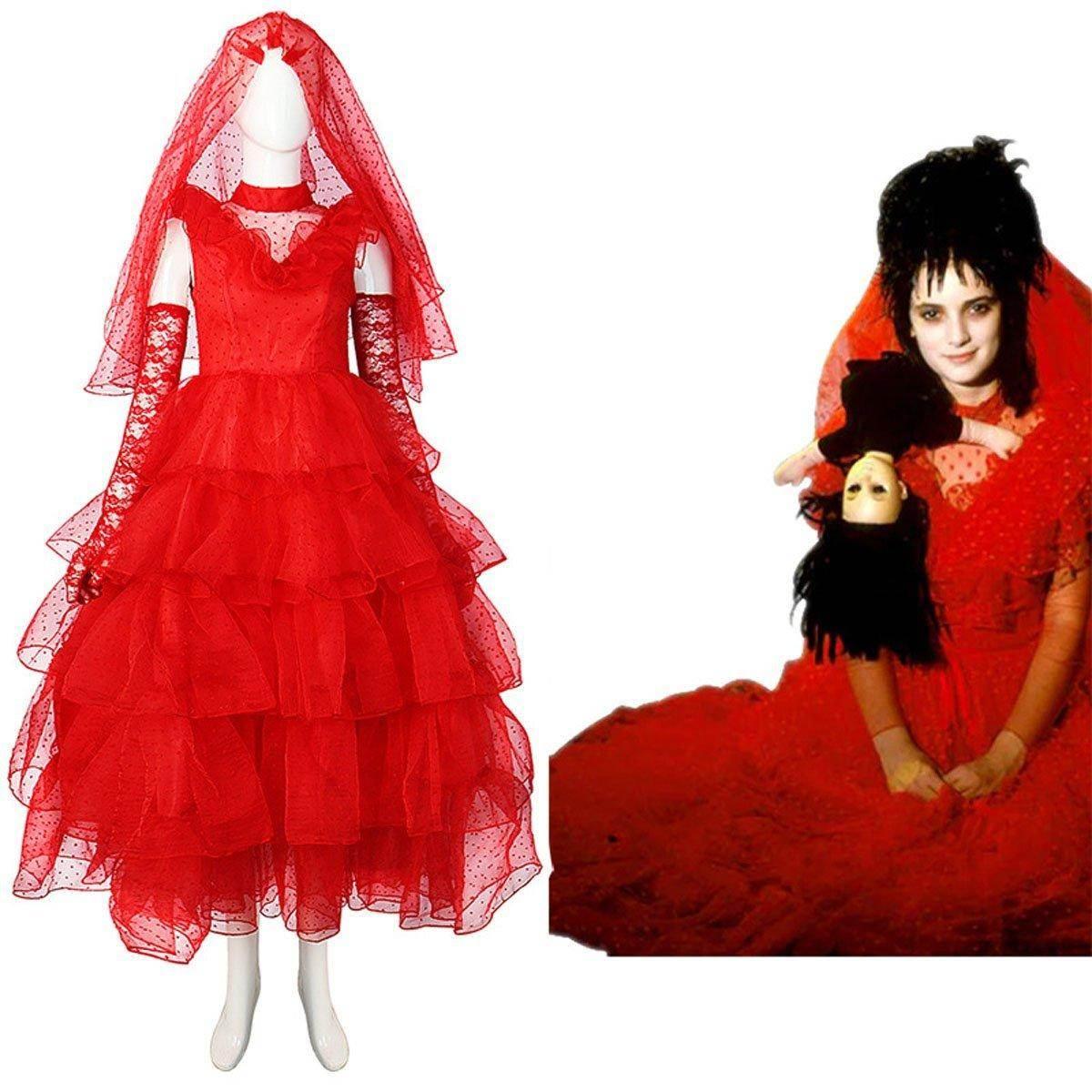 Beetlejuice Lydia Deetz Red wedding Dress Halloween Cosplay Costume For Women - Azufun