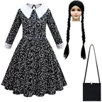 Wednesday Costume The Addams Family Cosplay Lapel Print Dress For Kids - Azufun