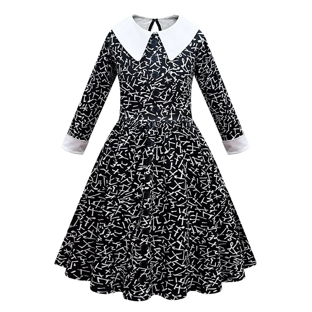 Wednesday Costume The Addams Family Cosplay Lapel Print Dress For Kids - Azufun