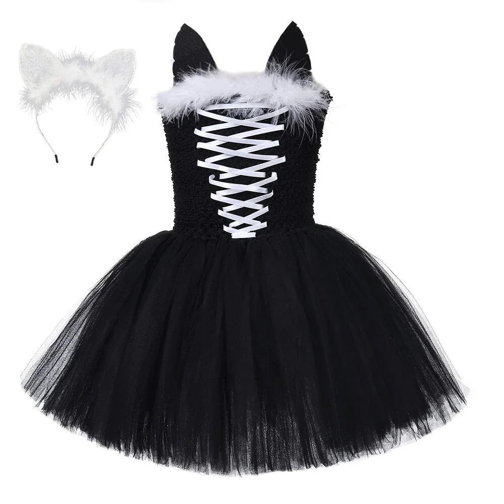 cute cat black Tutu Dress for Baby Girl Halloween Cartoon Costume - Azufun