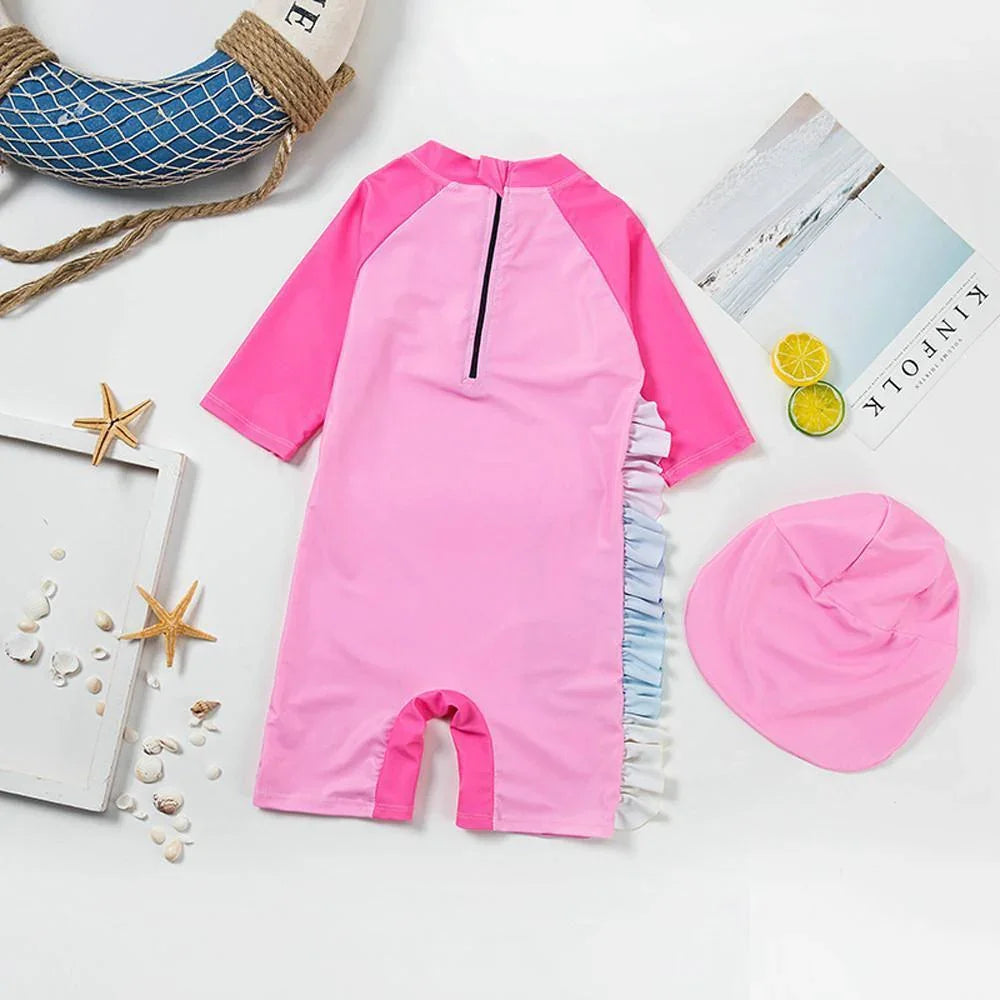 Girls One Piece Swimsuit Long Sleeve Unicorn Bathing Zip Suit with Hat - Azufun