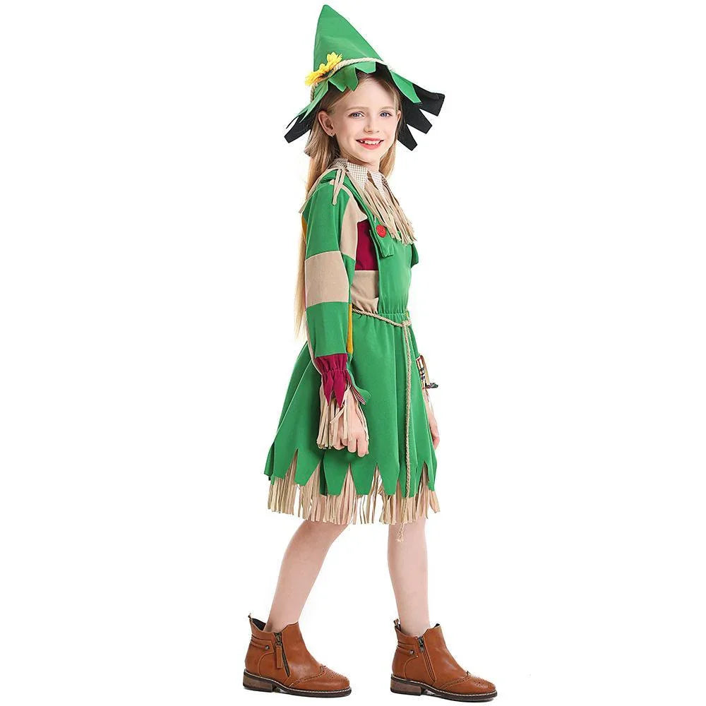 green girl fringed puppet scarecrow costumes dress for Kids - Azufun
