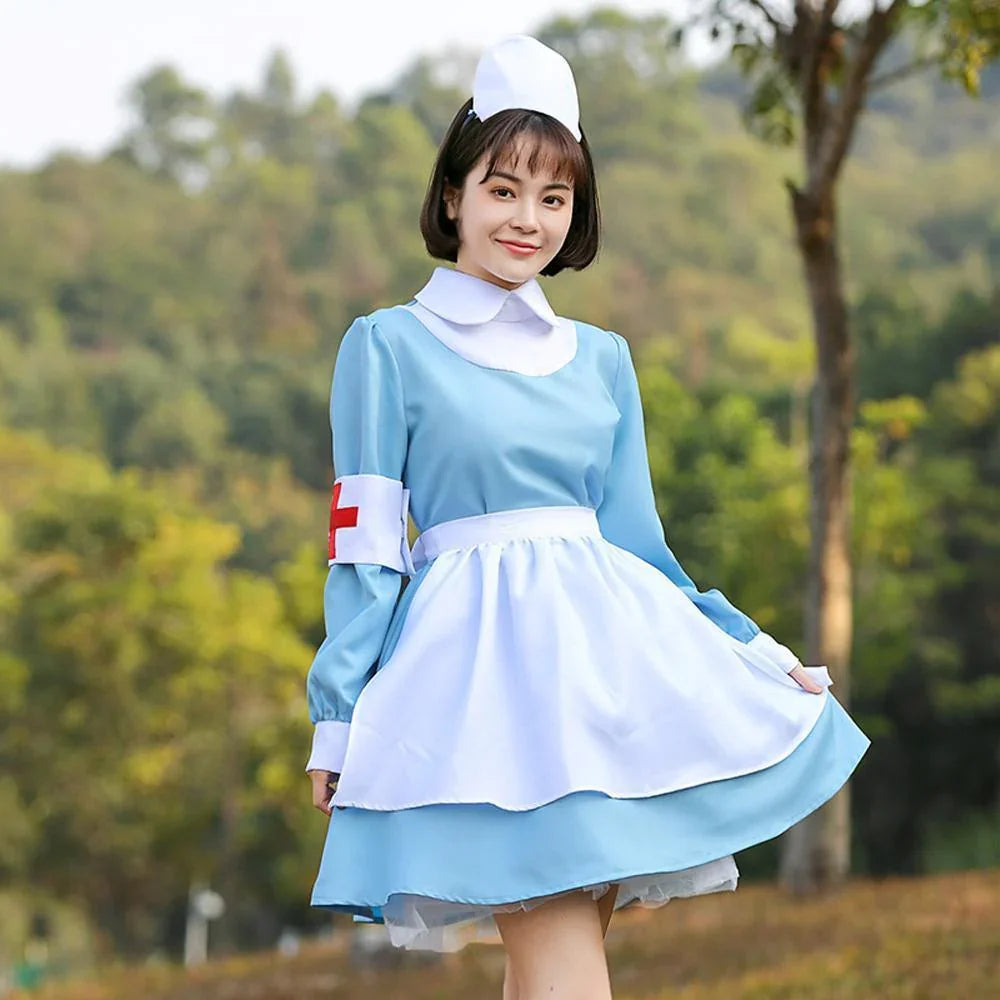 Blue and white maid Nurse cosplay costumes dress for adult and kids - Azufun