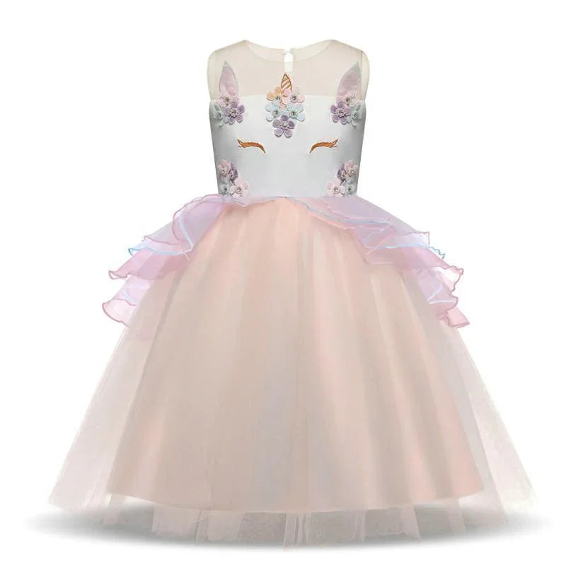 Unicorn Flower Applique Tulle Sleeveless Princess birthday Dress - Azufun