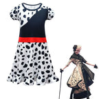 Cruella Costume Cosplay Dress Up Halloween Outfits Role Play Spotted Dot Ruffle Dresses for Girls