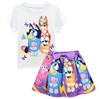 Bruy Short Sleeve Cartoon Pleated Skirt Bag Hat Set - Azufun