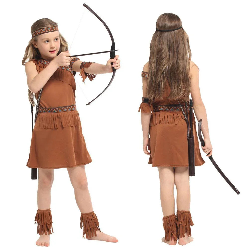 Indian Princess Cosplay Costumes Hunter Halloween Girl Dress Outfit for Kids