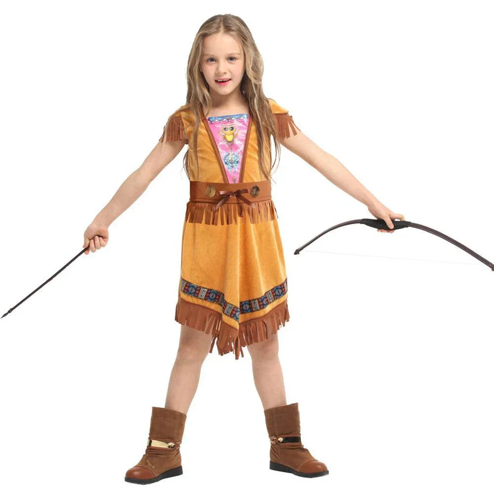 Kids Indian Princess Huntress Cosplay Costume Girls Halloween Dress Up Outfit