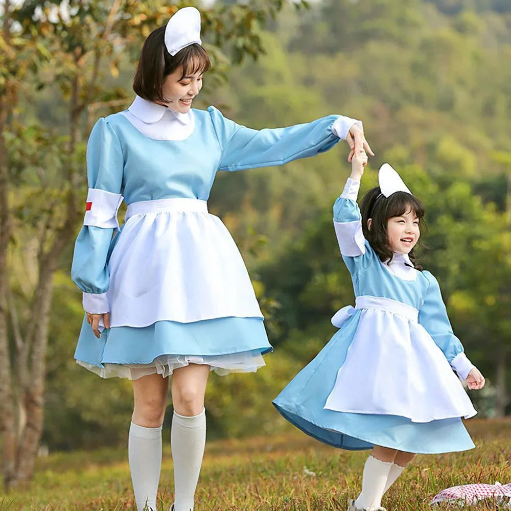 Blue and white maid Nurse cosplay costumes dress for adult and kids - Azufun