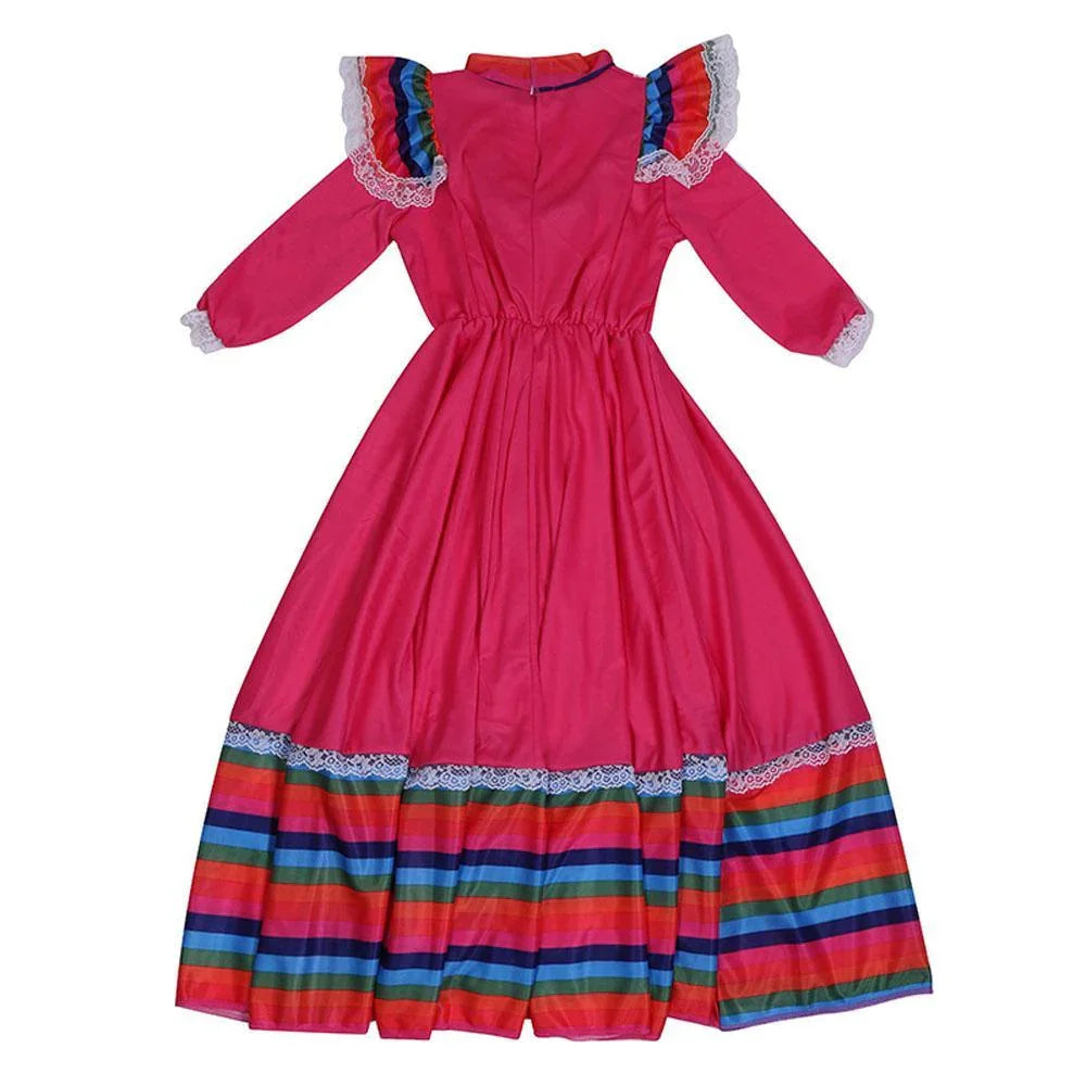 Traditional Mexican Rose Red Cosplay Costume Long Skirt Dance Halloween Party Game Dress for Girls