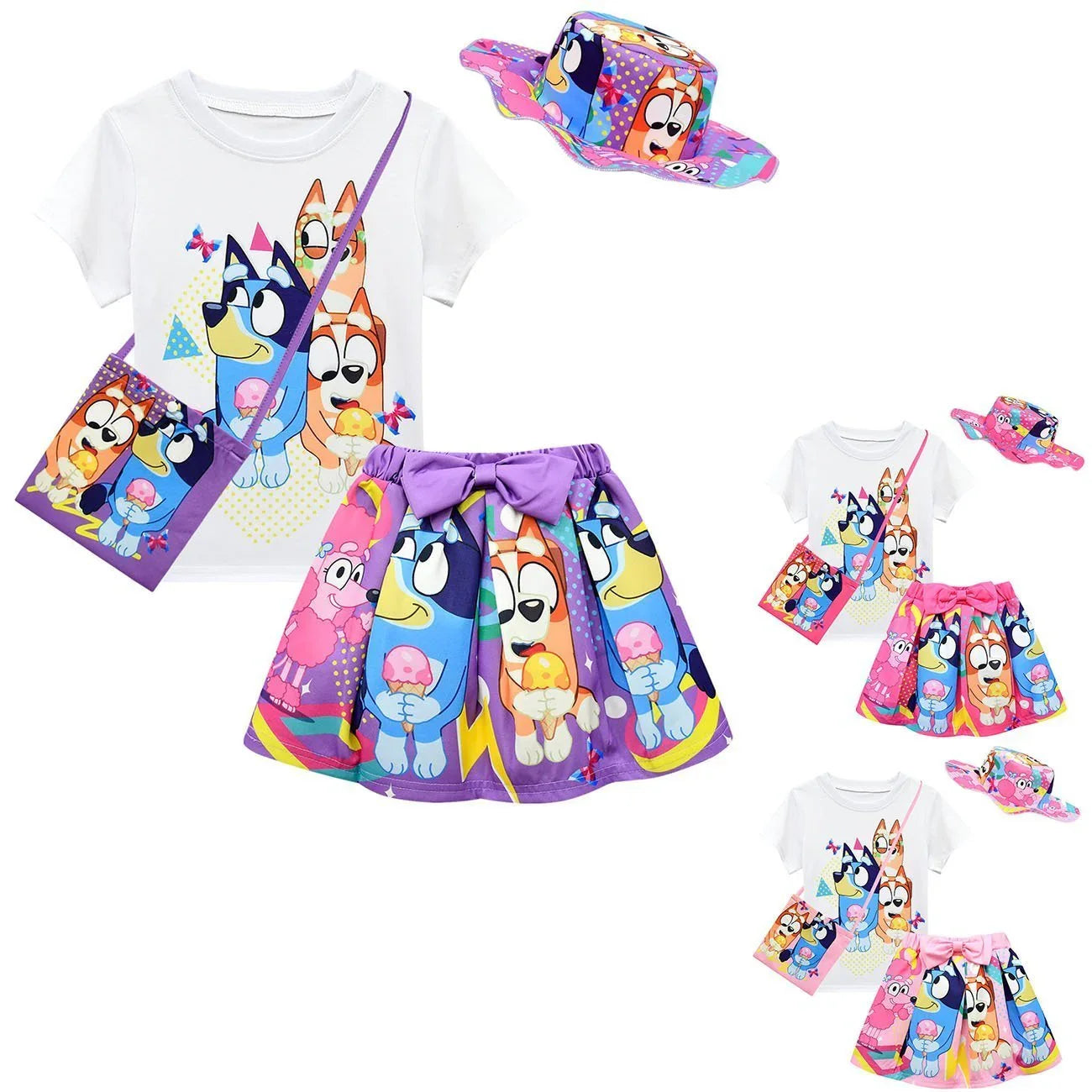 Bruy Short Sleeve Cartoon Pleated Skirt Bag Hat Set - Azufun