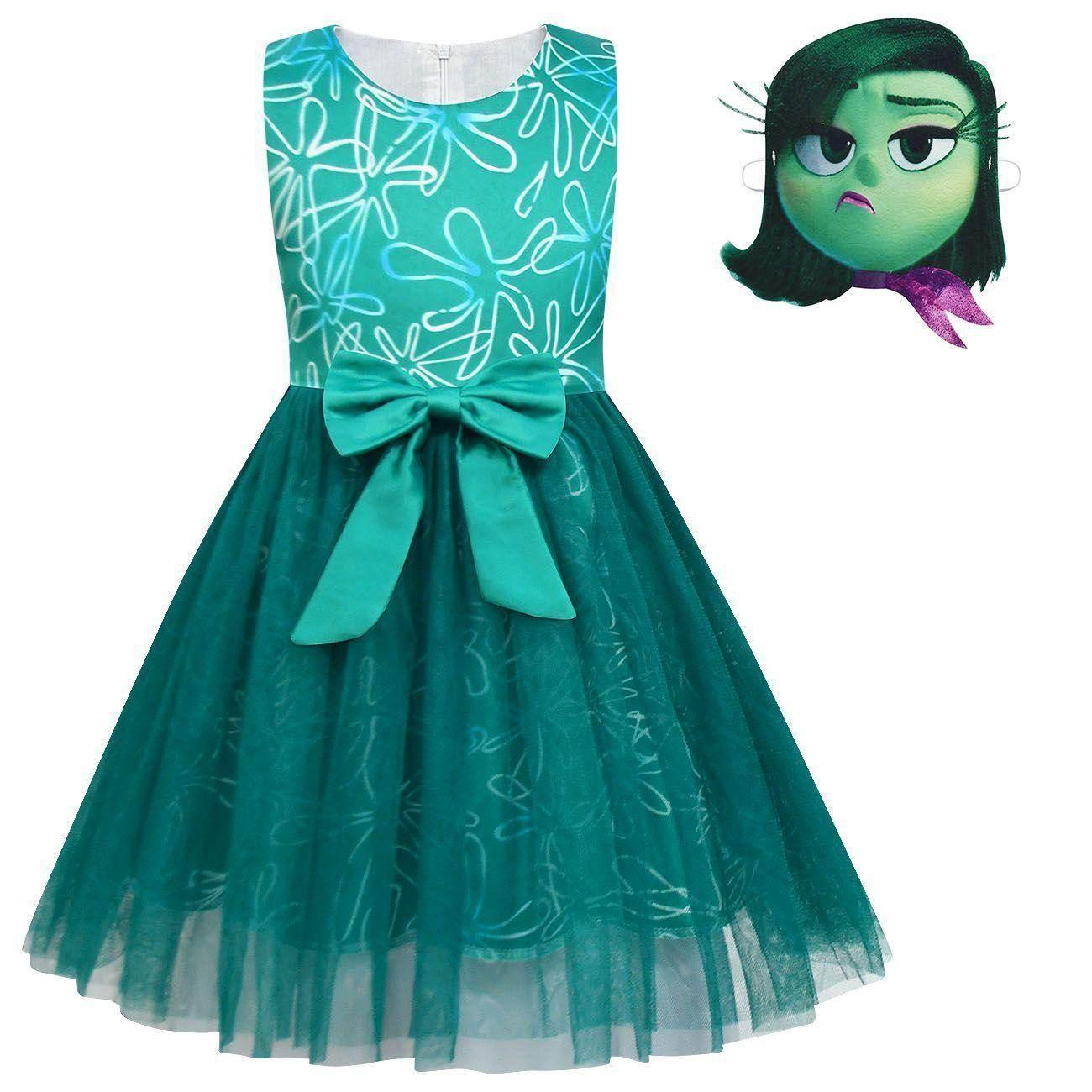 Kids' Inside Out Disgust Tutu Dress Cosplay Princess Gown with Bag and Mask - Azufun