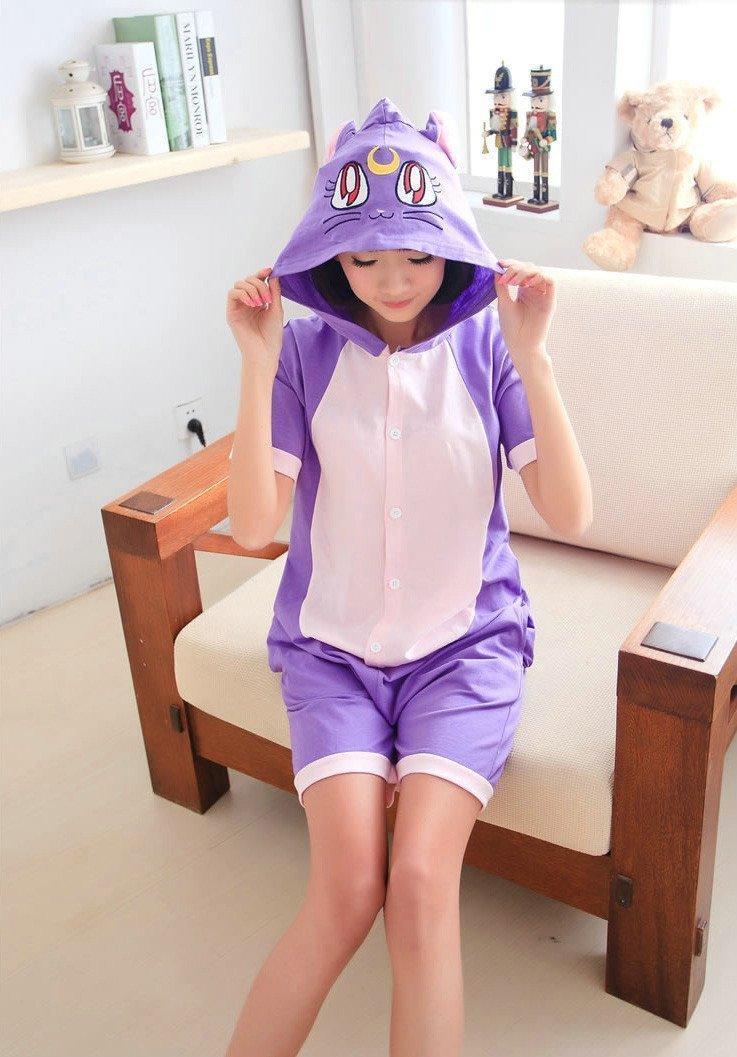 Sailor moon Purple Cat Luna Animal Onesie Pajamas Short Sleeve - Pajamasbuy