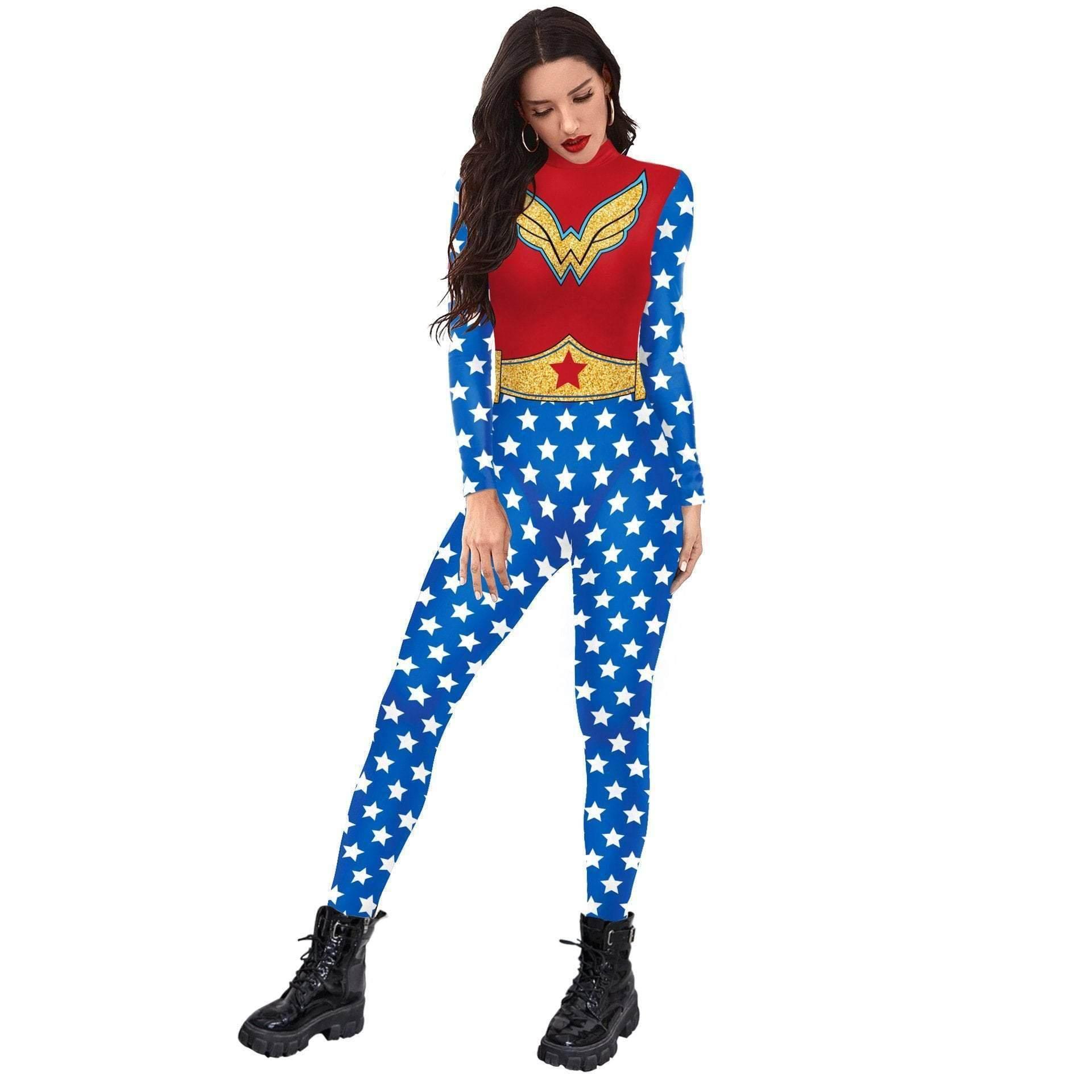 Superhero Wonder Woman Cosplay Costume Halloween Printed Jumpsuit Slim Fit Long Sleeve Party Outfit for Women - Azufun