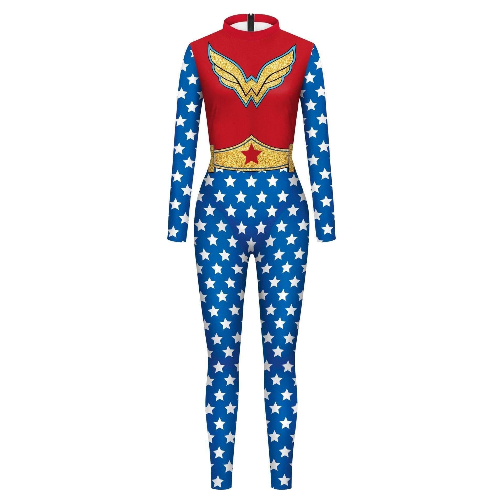 Superhero Wonder Woman Cosplay Costume Halloween Printed Jumpsuit Slim Fit Long Sleeve Party Outfit for Women - Azufun